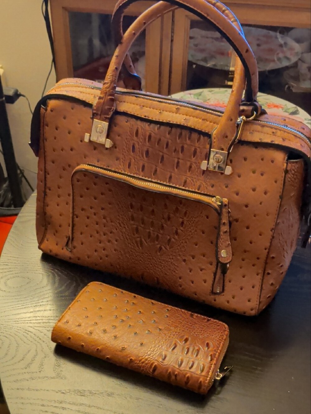 New 2 Piece Ostrich Crocodile Embossed Brown Vegan Leather Bag With Strap